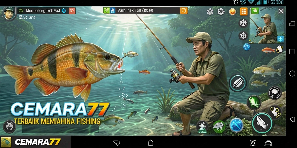 Screenshot gameplay menunjukkan aksi memancing yang mendebarkan.
