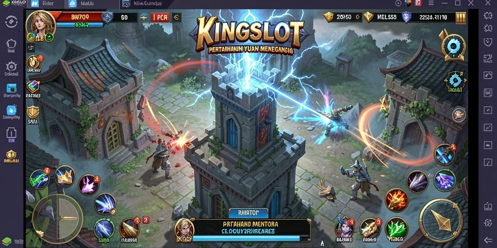 Tampilan screenshot gameplay KINGSLOT menampilkan aksi pertahanan menara yang mendebarkan.