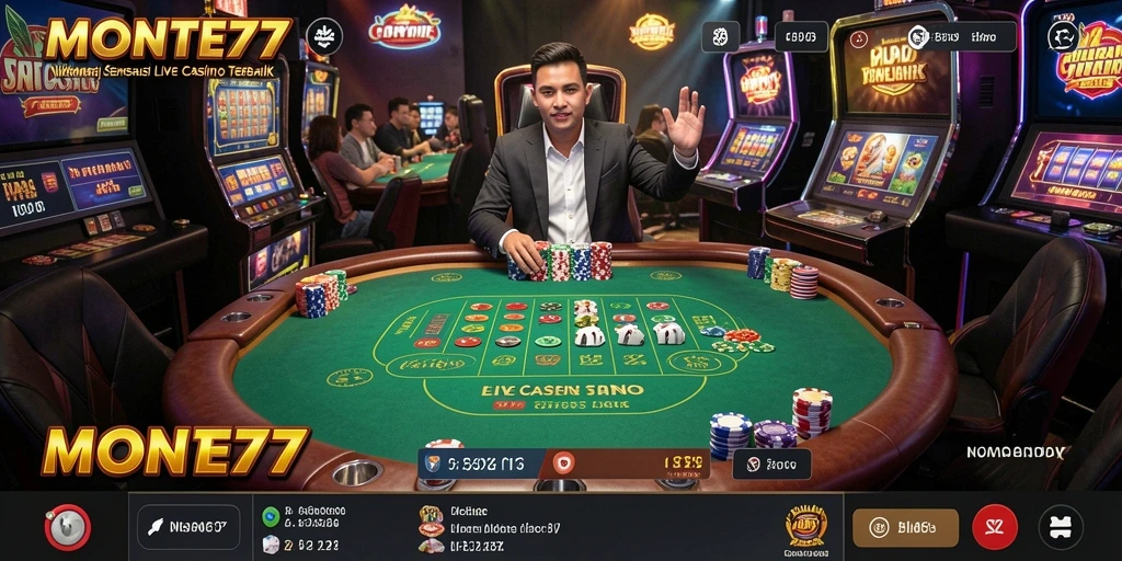 Screenshot MONTE77 menampilkan dealer dan suasana kasino yang realistis.