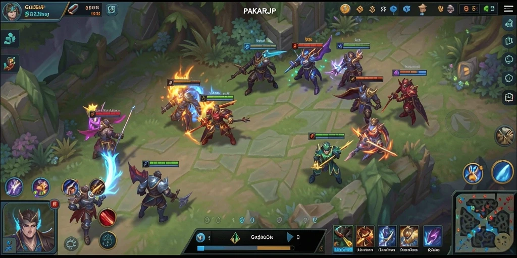 Screenshot menunjukkan aksi perang karakter di arena MOBA.