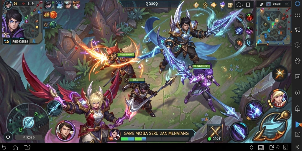 Screenshot utama RR999 menampilkan pertempuran seru antara hero-hero dalam permainan.