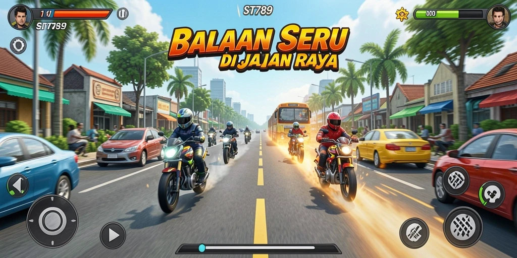 Gameplay ST789 yang seru dengan balapan di jalan raya.