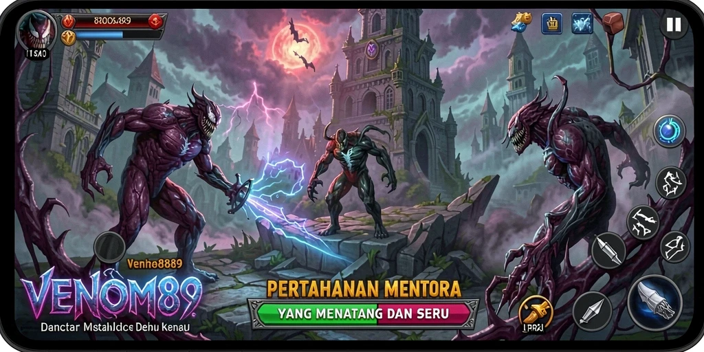 Tampilan seru dari gameplay Tower Defense di VENOM889.